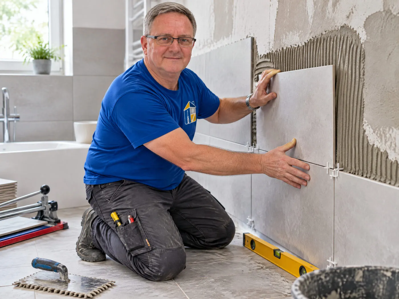 Frank Siebert setzt eine großformatige Wandfliese