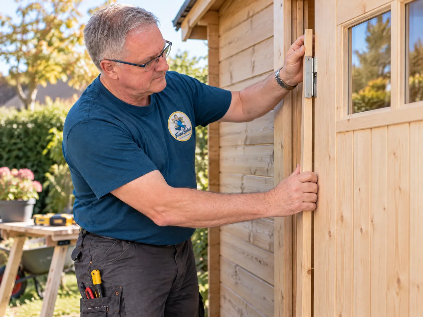 Frank Siebert hängt eine Gartenhaustür ein