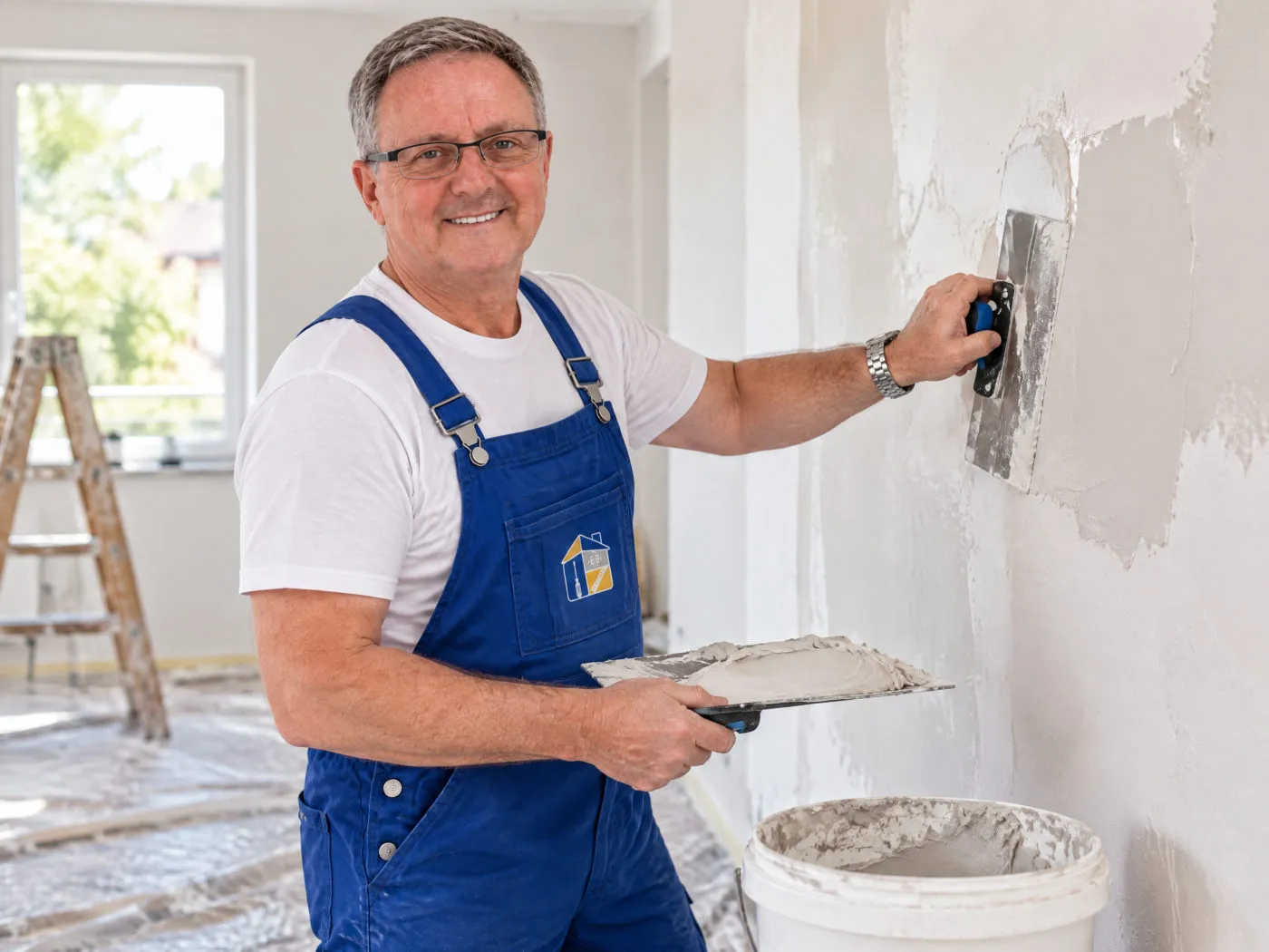 Frank Siebert spachtelt eine Wand