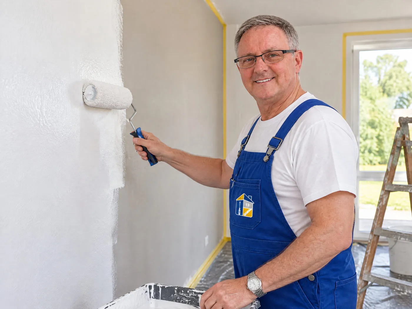 Frank Siebert streicht eine Wand mit dem Farbroller